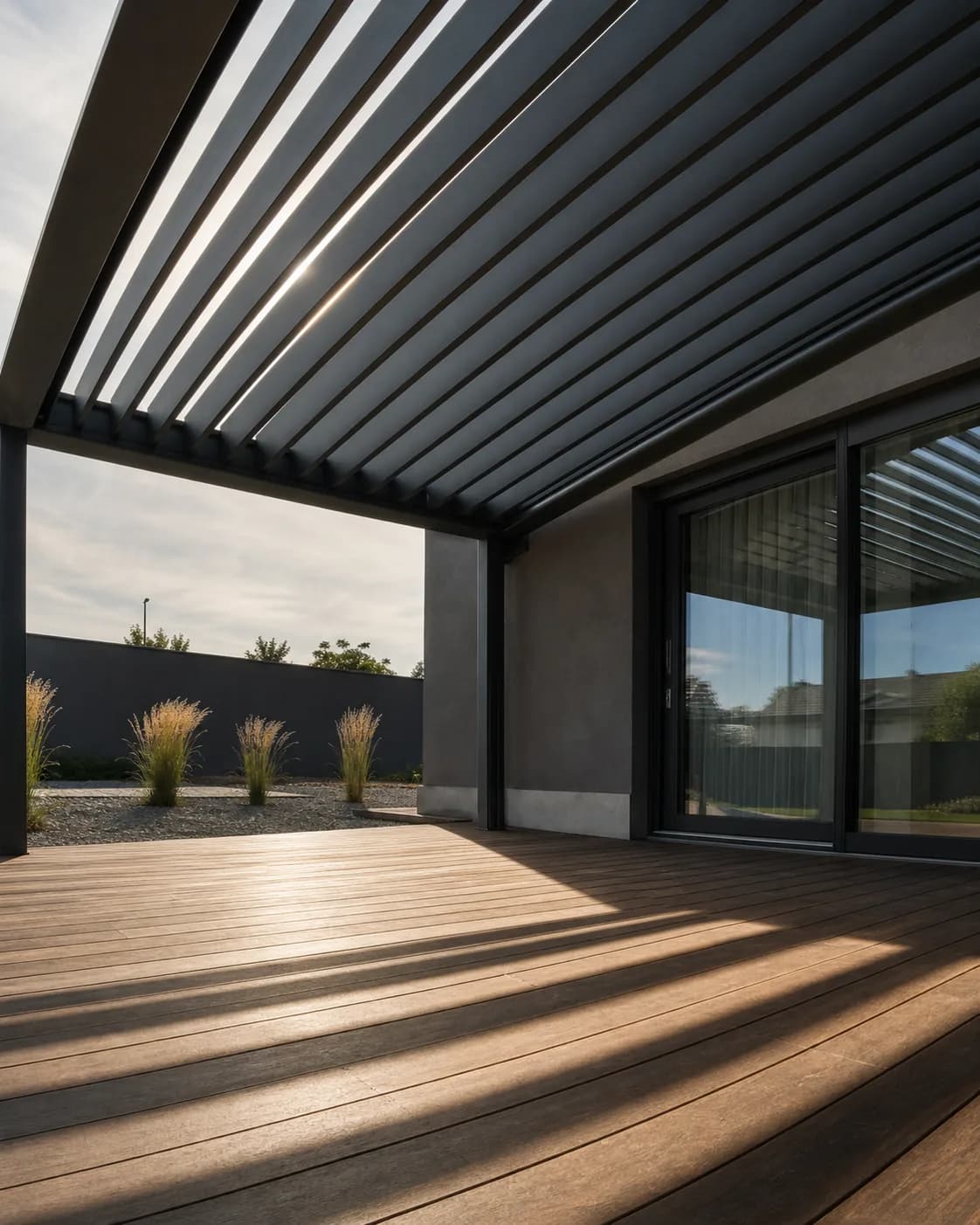 Louvered aluminium pergola over a terrace with side-light shadows