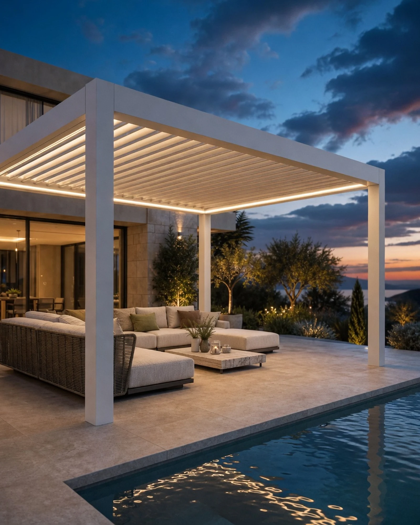 Finished RGM bioclimatic pergola over a dusk terrace with a lived-in lounge